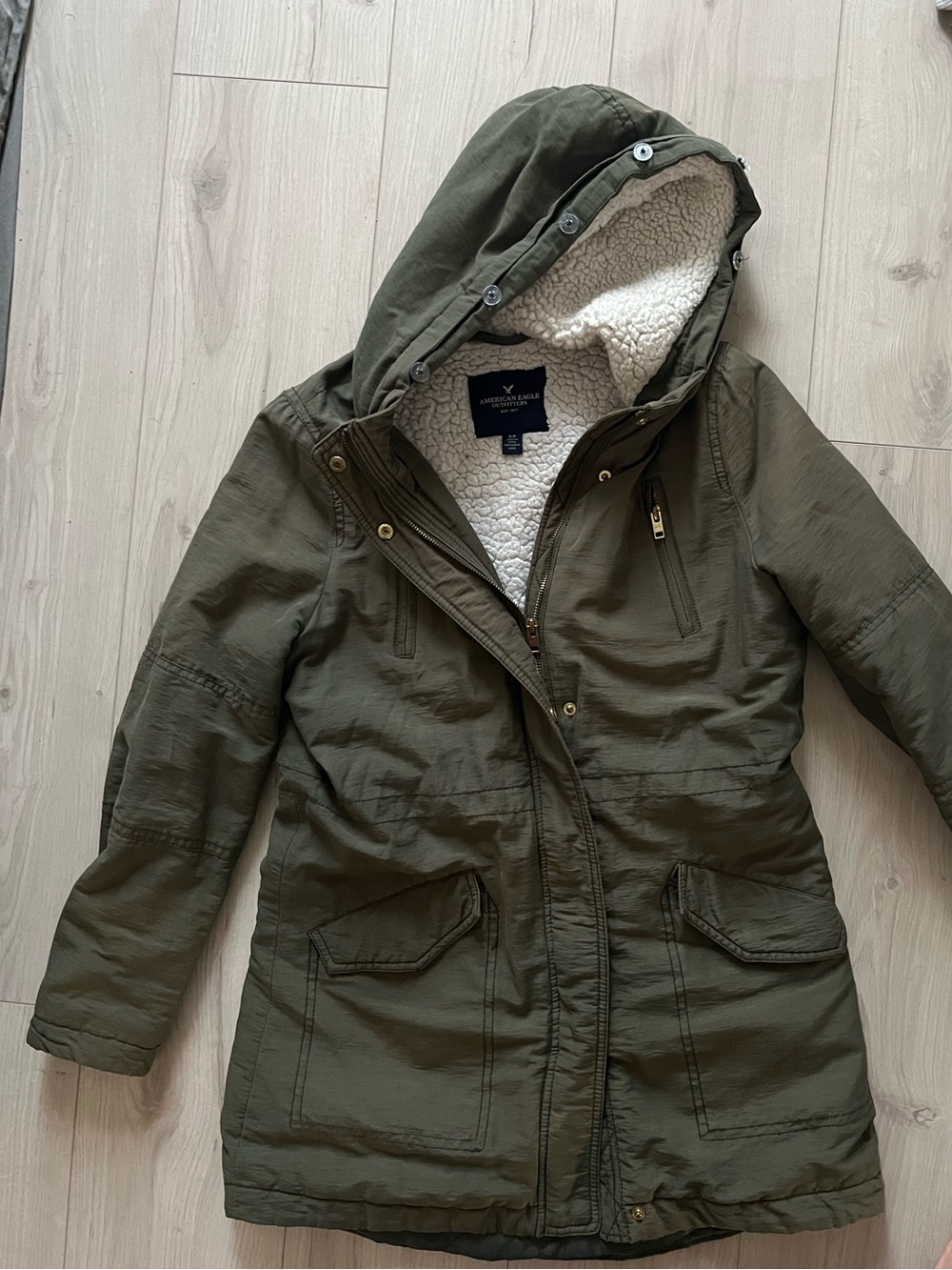 American Eagle Outfitters Olive Green Hooded Sherpa-Lined Parka
